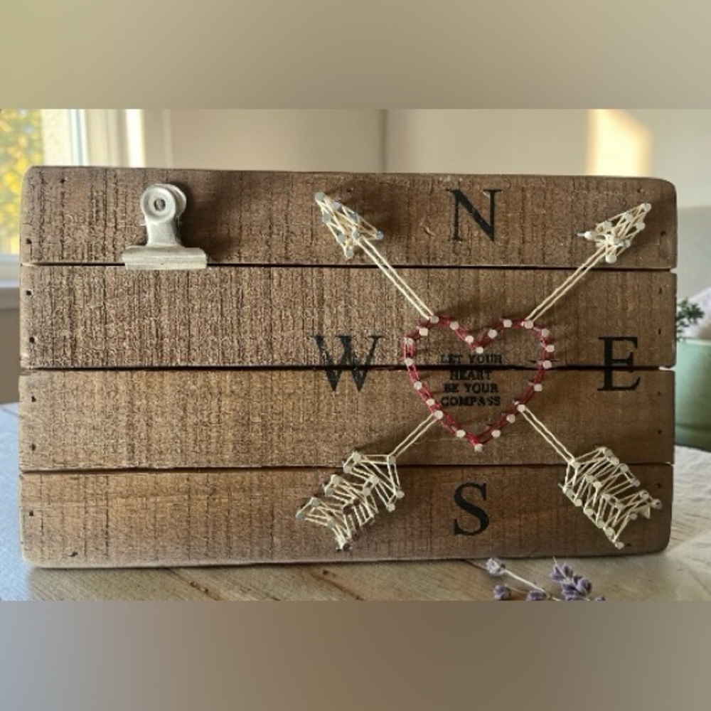 Rustic Wooden Compass Heart Wall Decor - Red and Natural